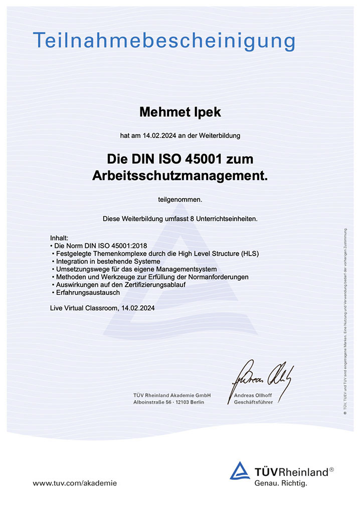 IPEK Sanierung GmbH, Über uns, Zertifikat, TÜV, Arbeitsschutzmanagement, Mehmet Ipek