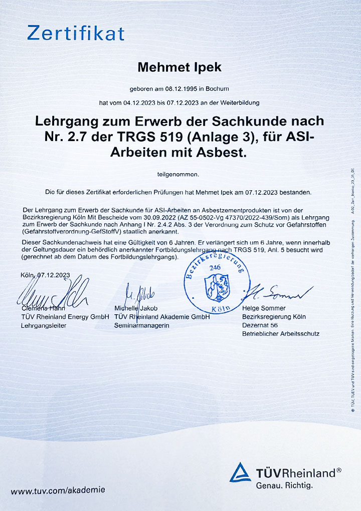 IPEK Sanierung GmbH, Über uns, Zertifikat, TÜV, Asbest, Mehmet Ipek